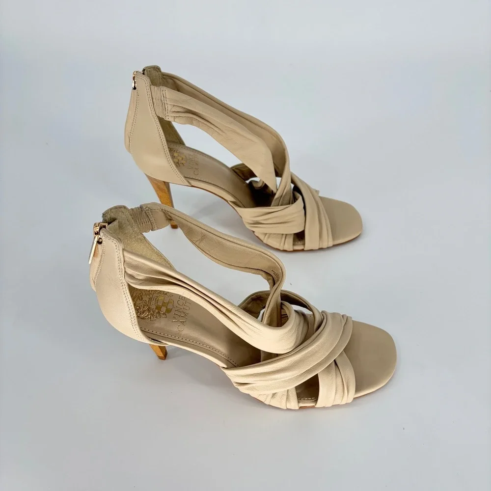 Vince Camuto Beige Leather Strappy Ruched Heeled Sandals Wood Heel Size 9.5M